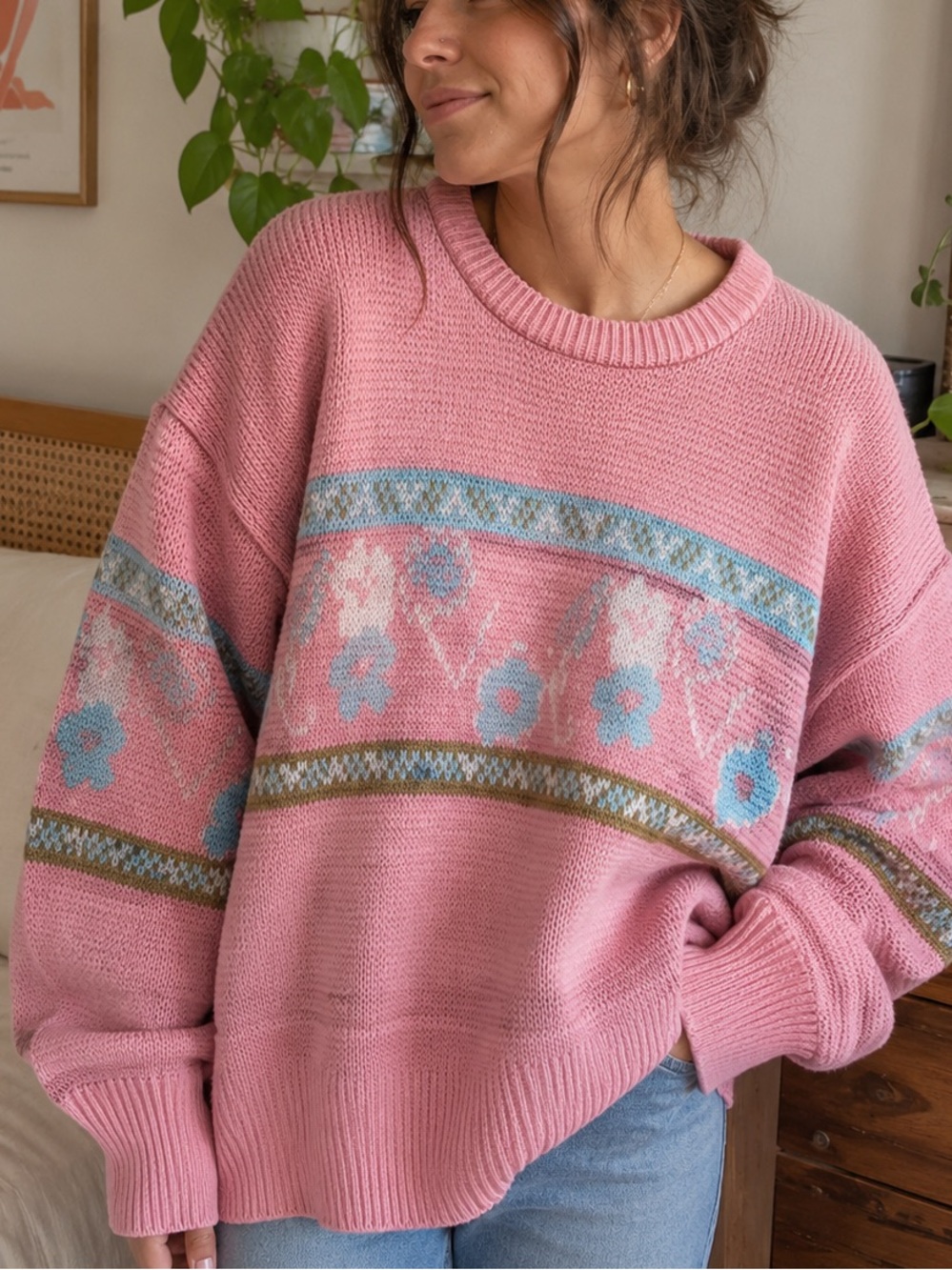 Pink Floral Patterned Sweater
